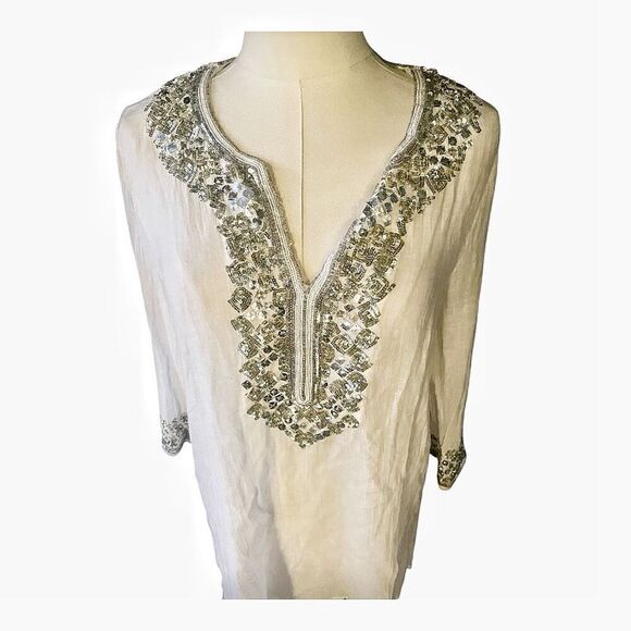 Calypso St. Barth White Sequin Coquette Festival Blouse Size Small - Picture 3 of 6